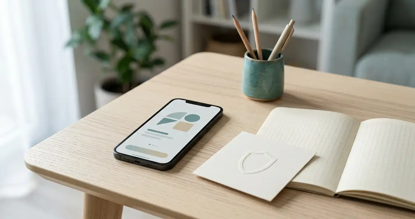 Smarttelefon med en neutral identitetssymbol bredvid en anteckningsbok på skrivbord