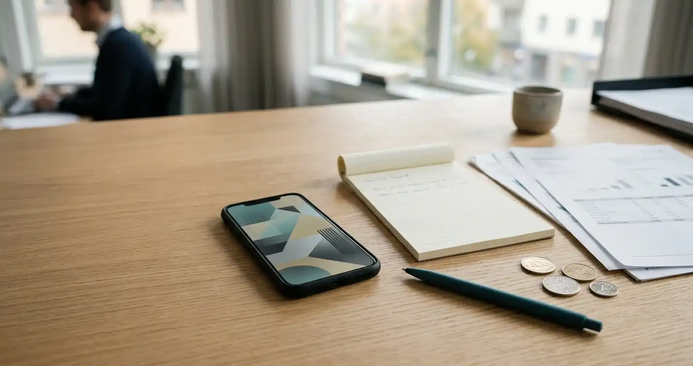 Telefon bredvid svenska mynt, anteckningsbok och bankdokument