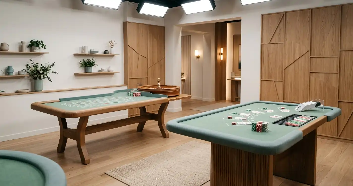 Ljus spelstudio med roulettebord, spelbord och neutral belysning